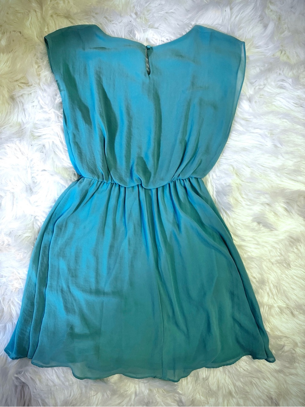 Lush Teal Turquoise Chiffon Mini Dress XS Flowy Elastic Waist Sheer Overlay - Picture 9 of 13
